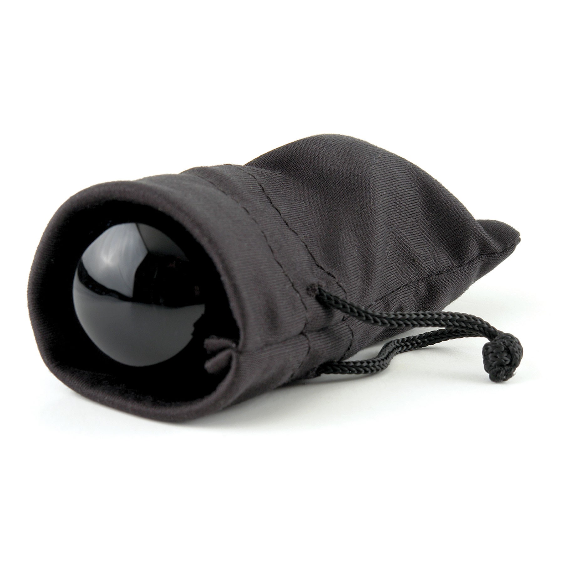 Black Glass Ben Wa Balls sitting inside storage bag