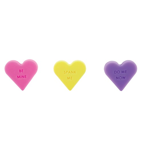 Naughty Candy Heart Butt Plug bases showing stamped messages