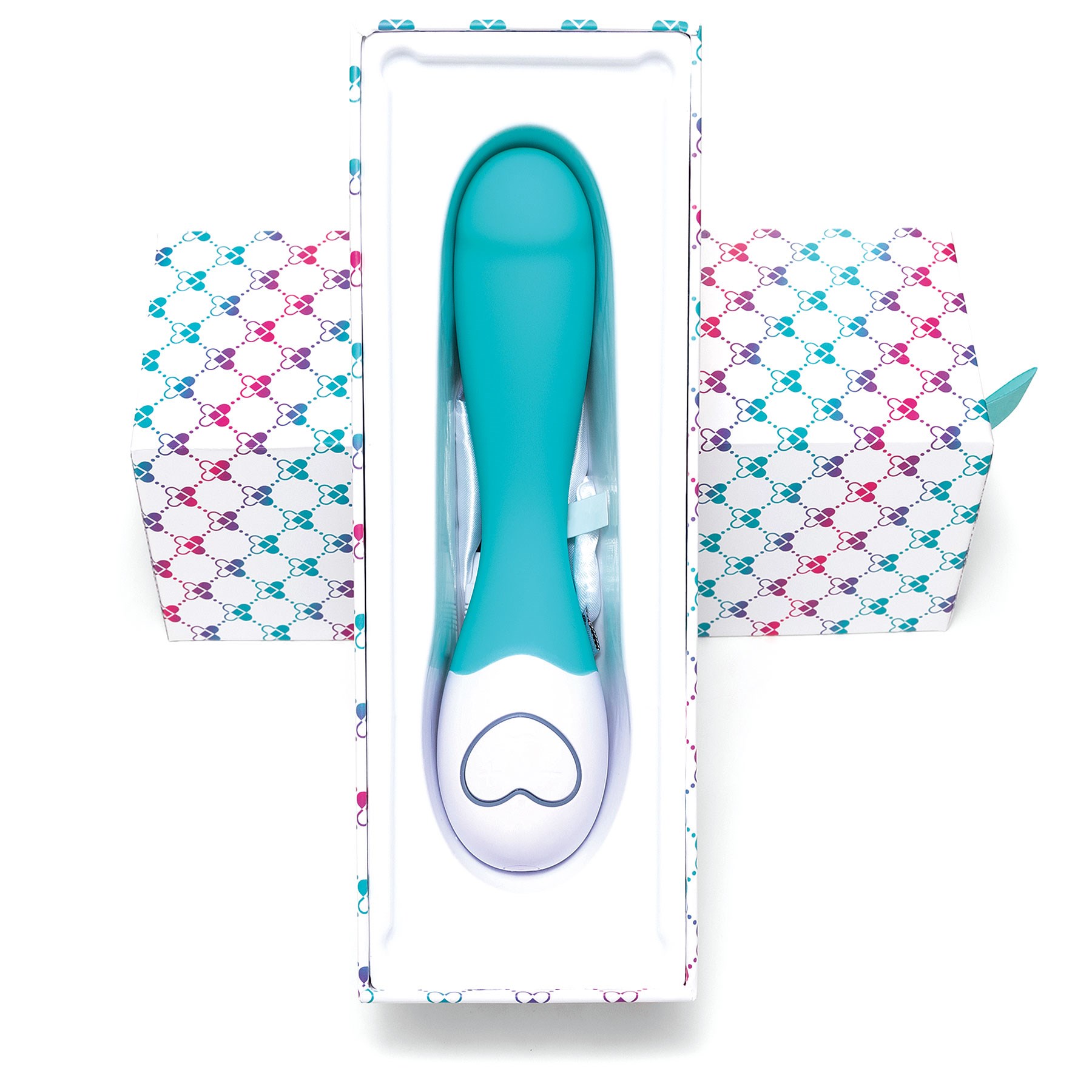 OhMiBod Lovelife Cuddle G-Spot Massager  laying in half opened box - Turquoise