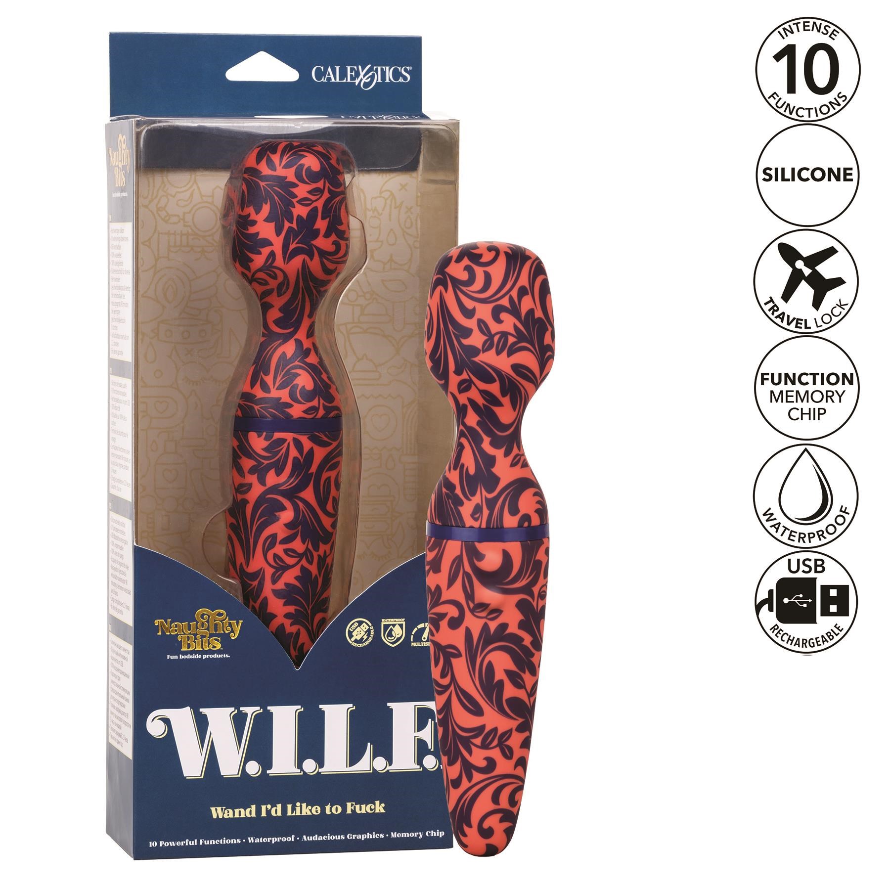 Naughty Bits W.I.L.F. Wand Massager Packaging, Product and Features