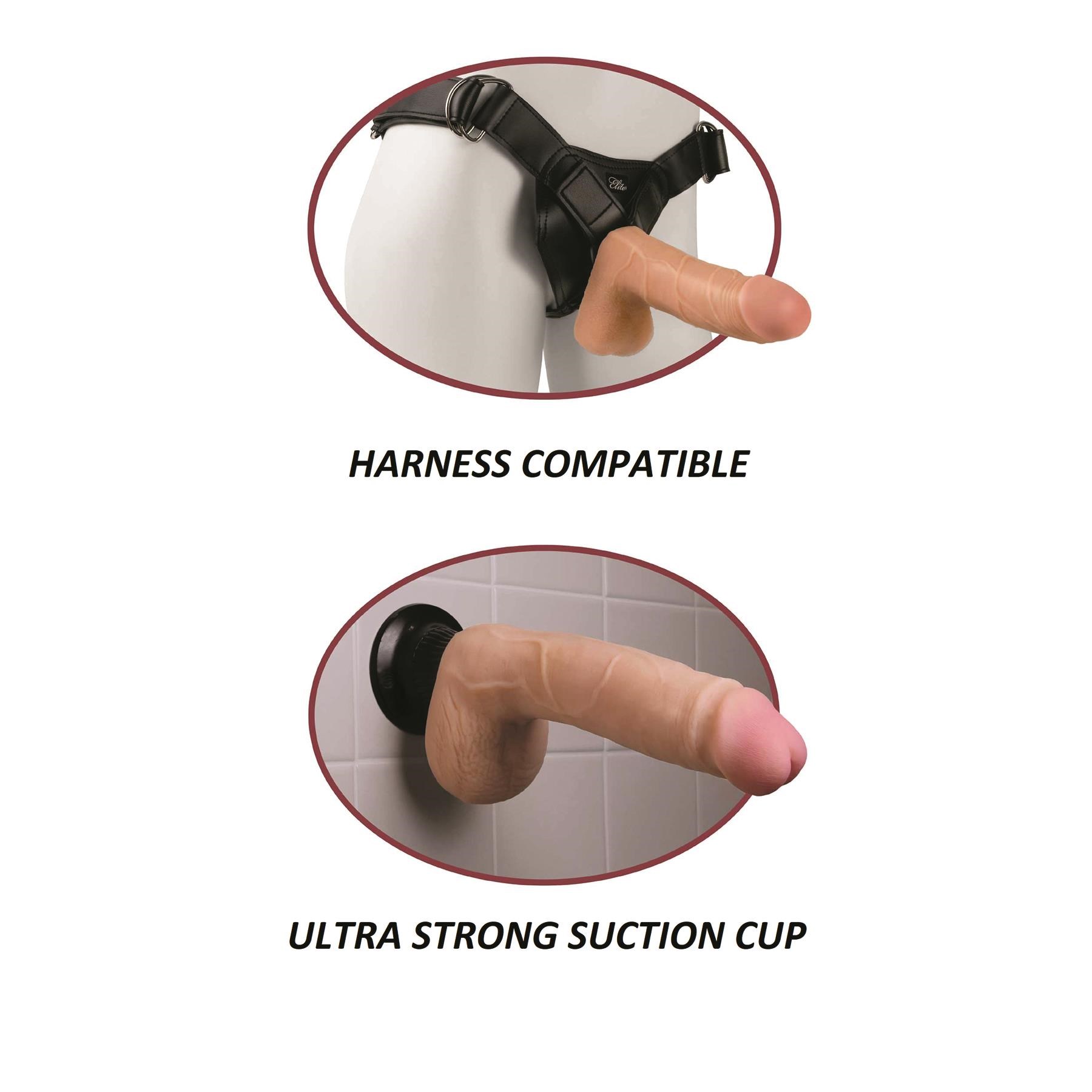 Real Feel 9 Vibrating Dildo Showing Harness Compatible and Suction Cup on Wall