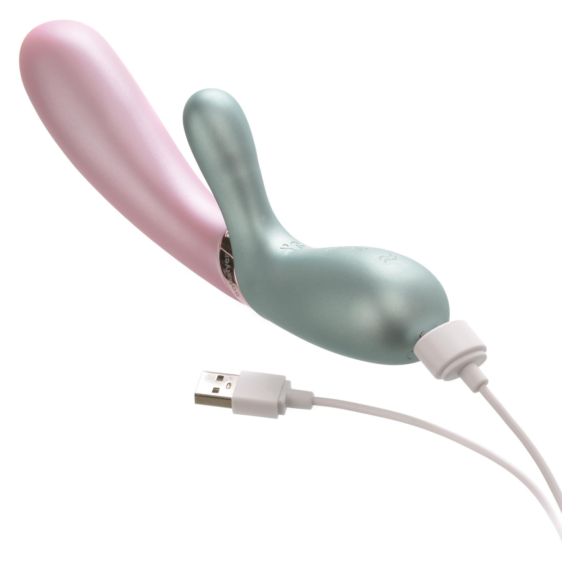 Satisfyer Hot Lover Dual Stimulating Vibrator Showing Where Charger is Placed - Pink/Green