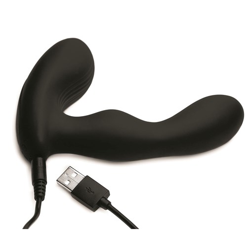 Alpha Pro 7X Prostate Massager with USB charger plugged into base of toy