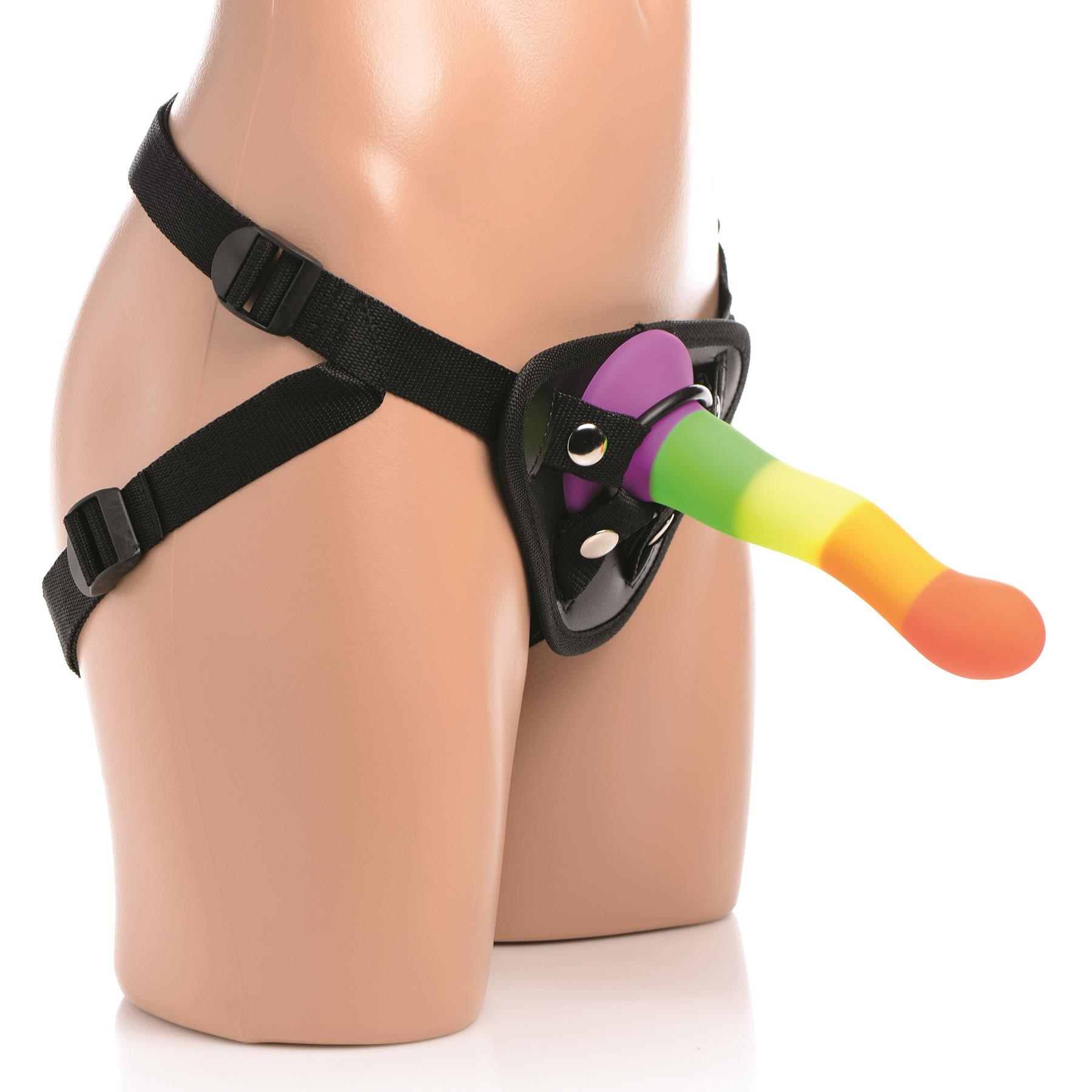 Proud Rainbow Silicone Dildo With Harness - Product on Mannequin