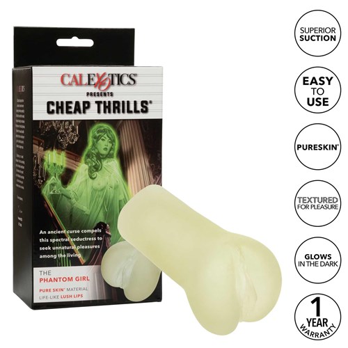 Cheap Thrills the Phantom Girl Stroker front of box with stroker beside and features call outs