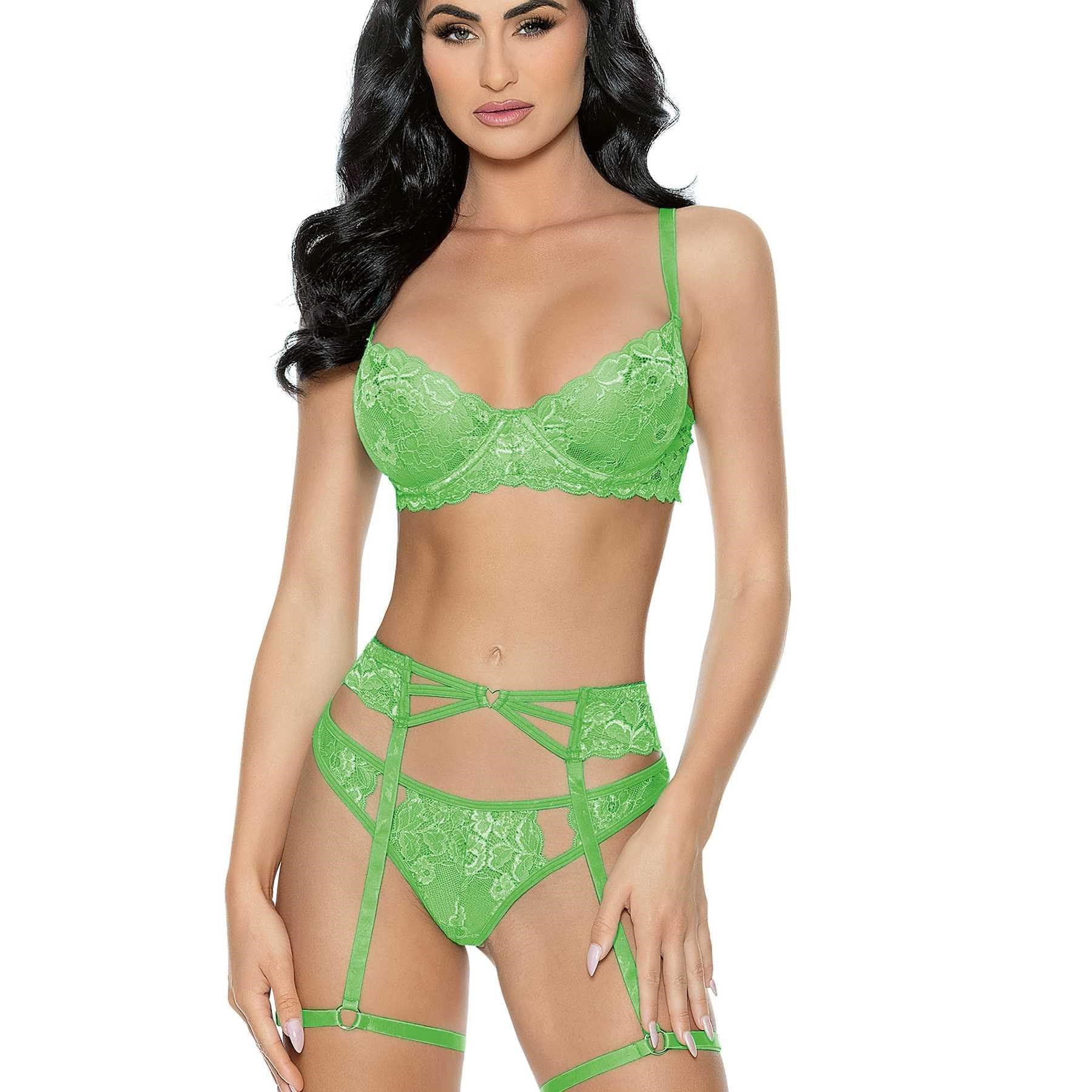 3PC Bra, Garterbelt, G-String Set lime front cropped