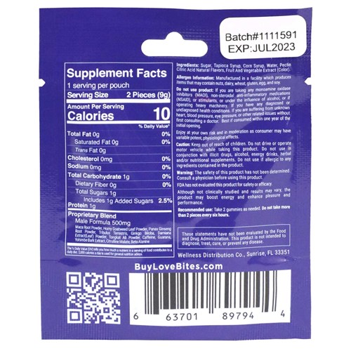 Love Bites - Male Enhancements Gummies -  2 pcs per pack - 0.3 oz. back of package