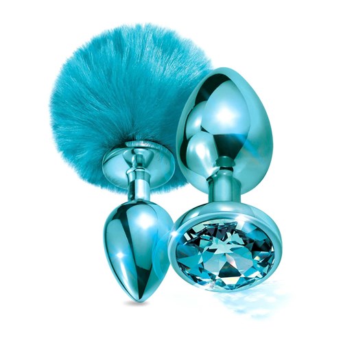 NIXIE Metal Butt Plug Set Pom Pom and Jewel Inlaid Metallic blue