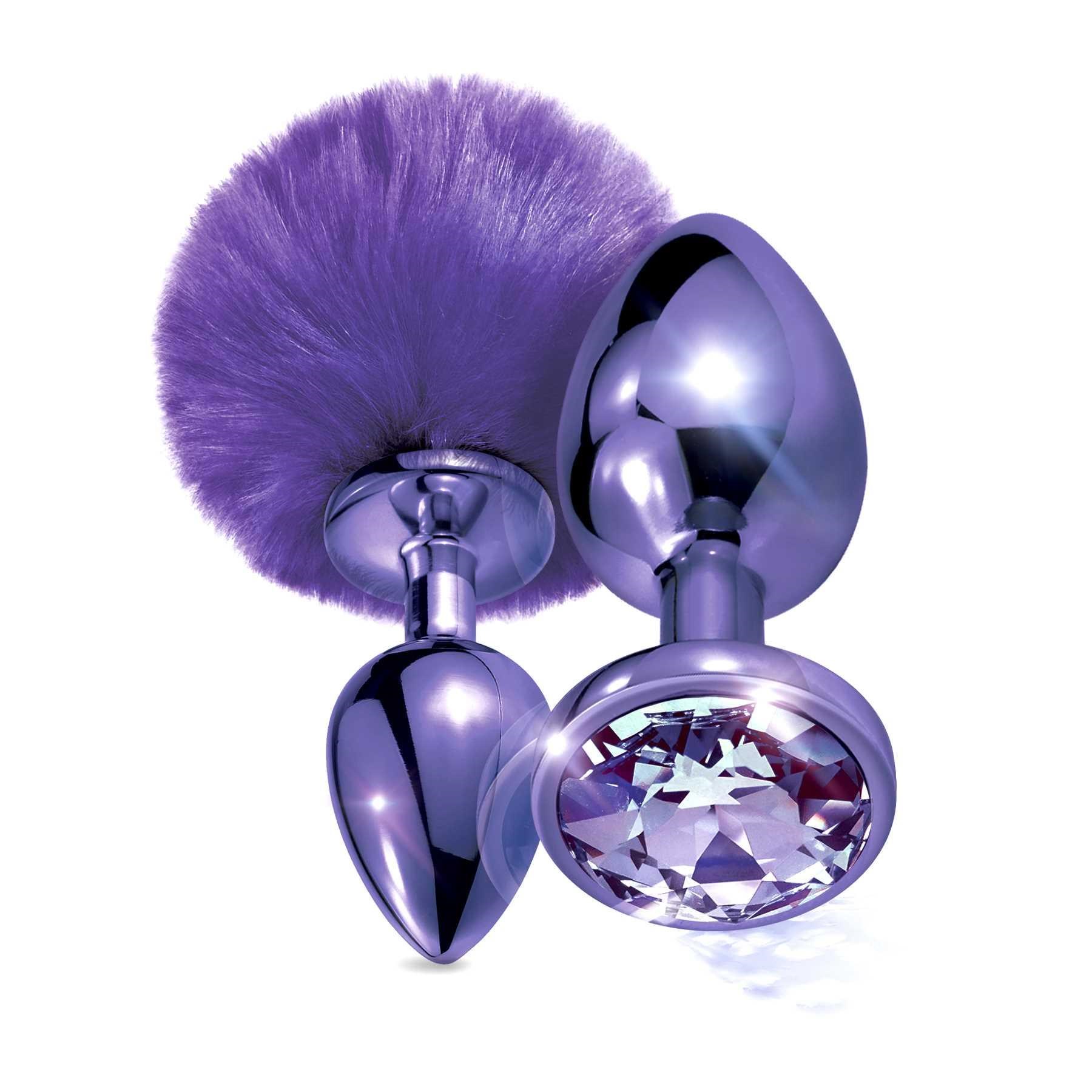 NIXIE Metal Butt Plug Set Pom Pom and Jewel Inlaid Metallic purple