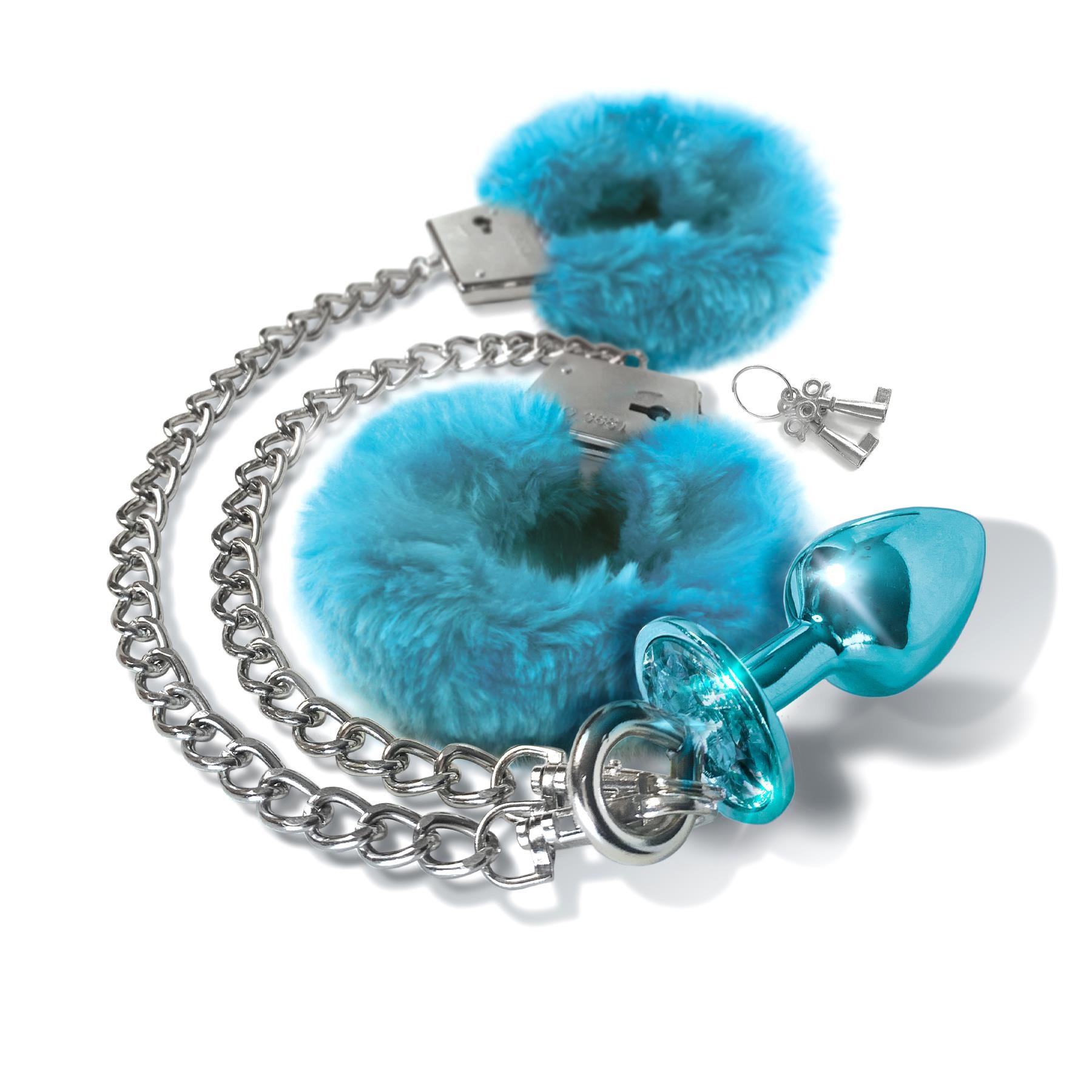 Nixie Metal Butt Plug and Fur Cuff Set - Product Shot - Blue