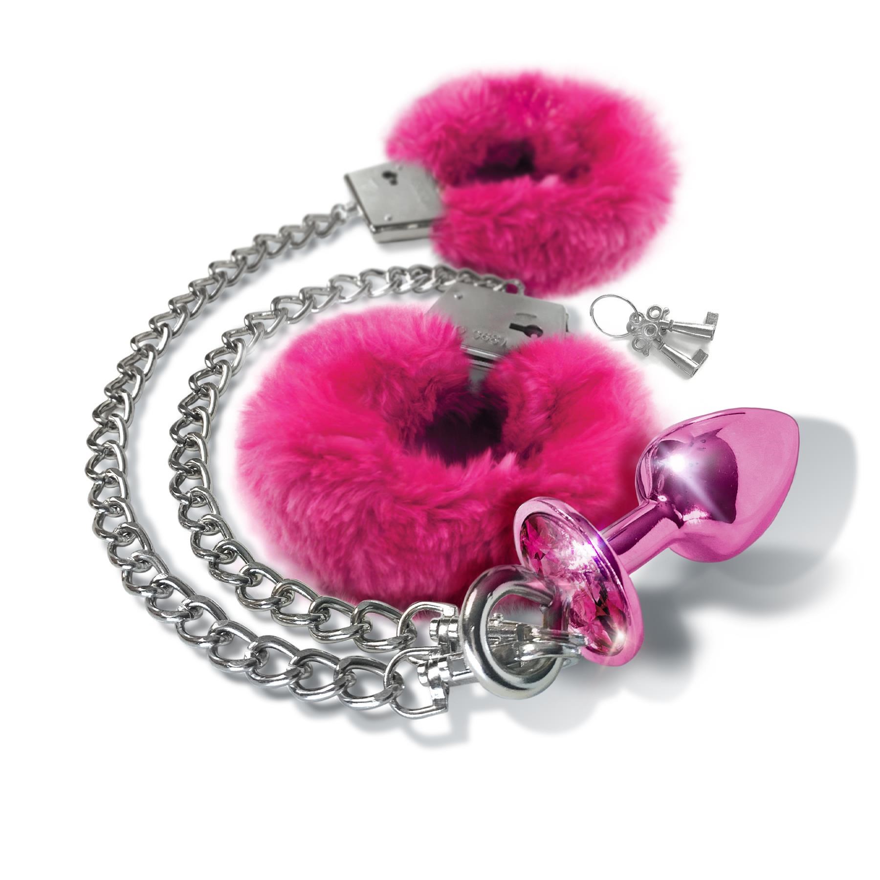 Nixie Metal Butt Plug and Fur Cuff Set - Product Shot - Pink