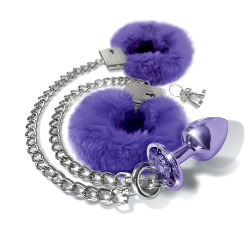 Nixie Metal Butt Plug and Fur Cuff Set - Product Shot - Purple