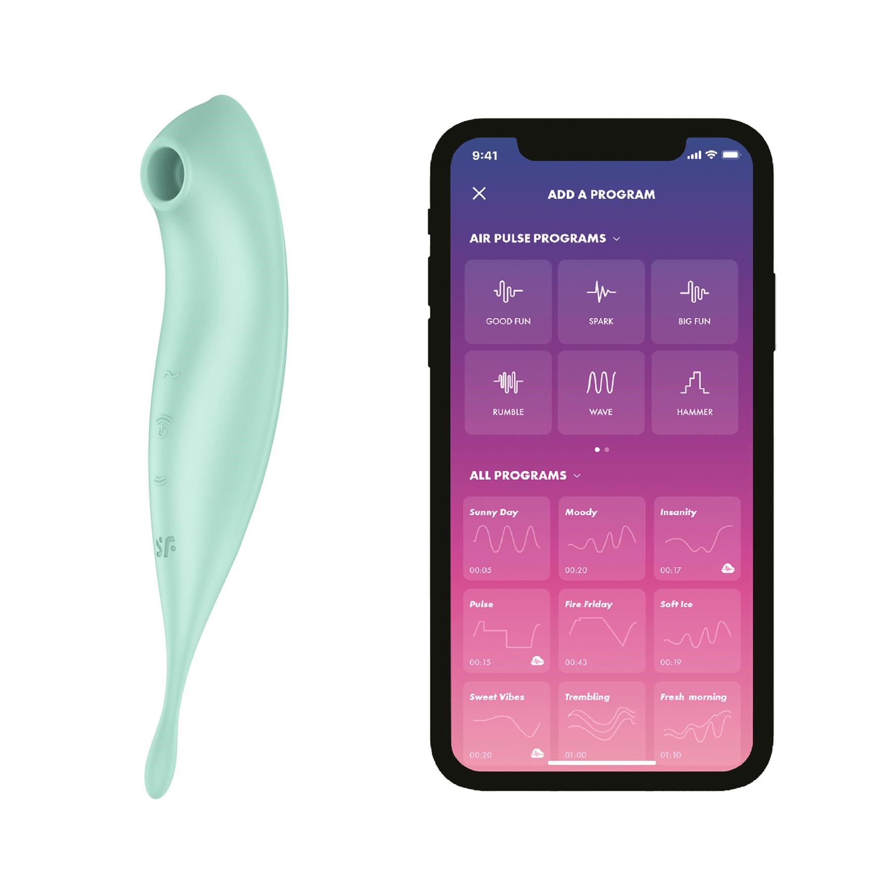 Satisfyer Twirling Pro+ App Enabled Air Pulse Clitoral Stimulator - Product and Phone App