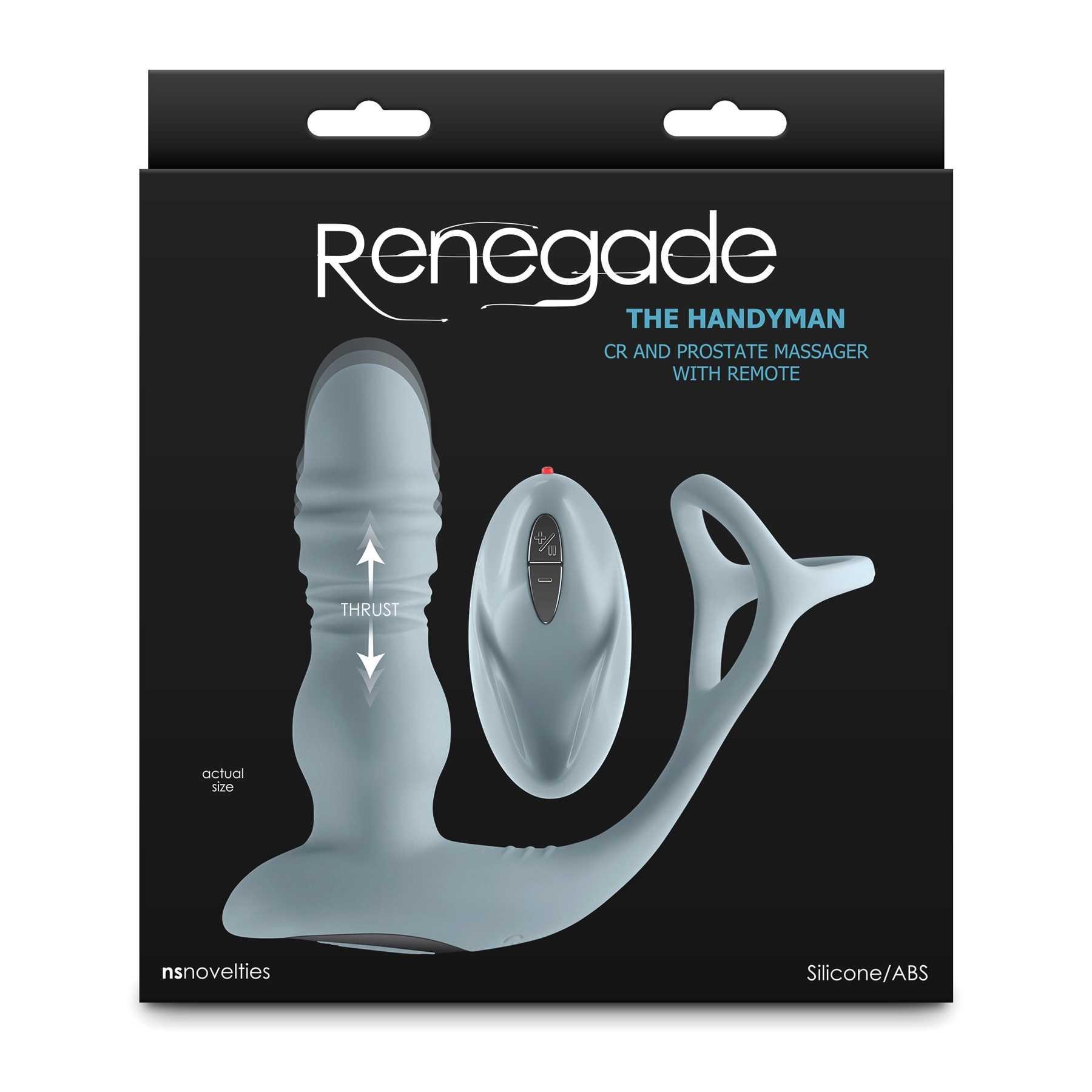 Renegade Handyman Thrusting P-Spot Massager & C-Ring w/ Remote package illustrating thrusting action