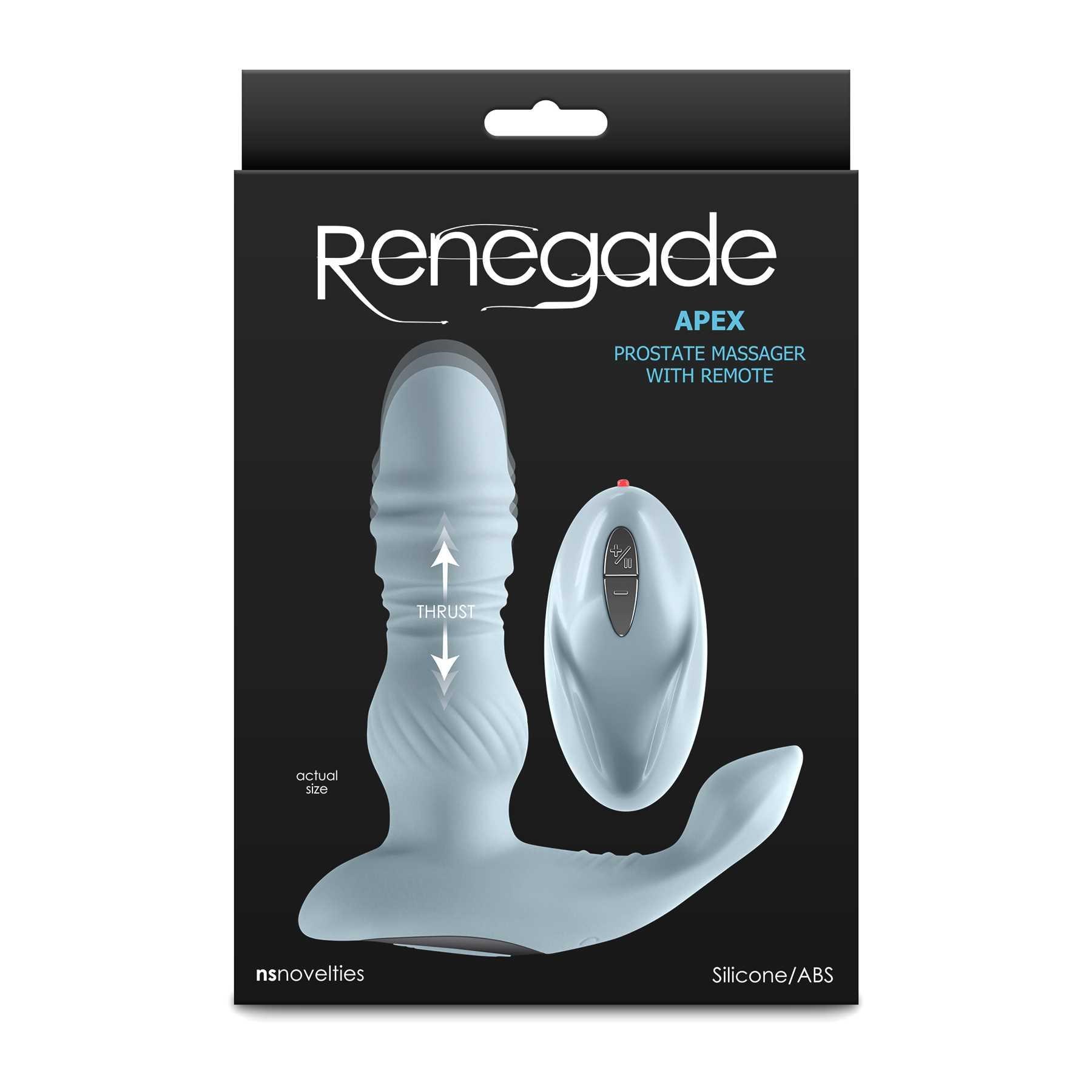 Renegade Apex Thrusting P-Spot Massager w/Remote package illustrating thrusting action