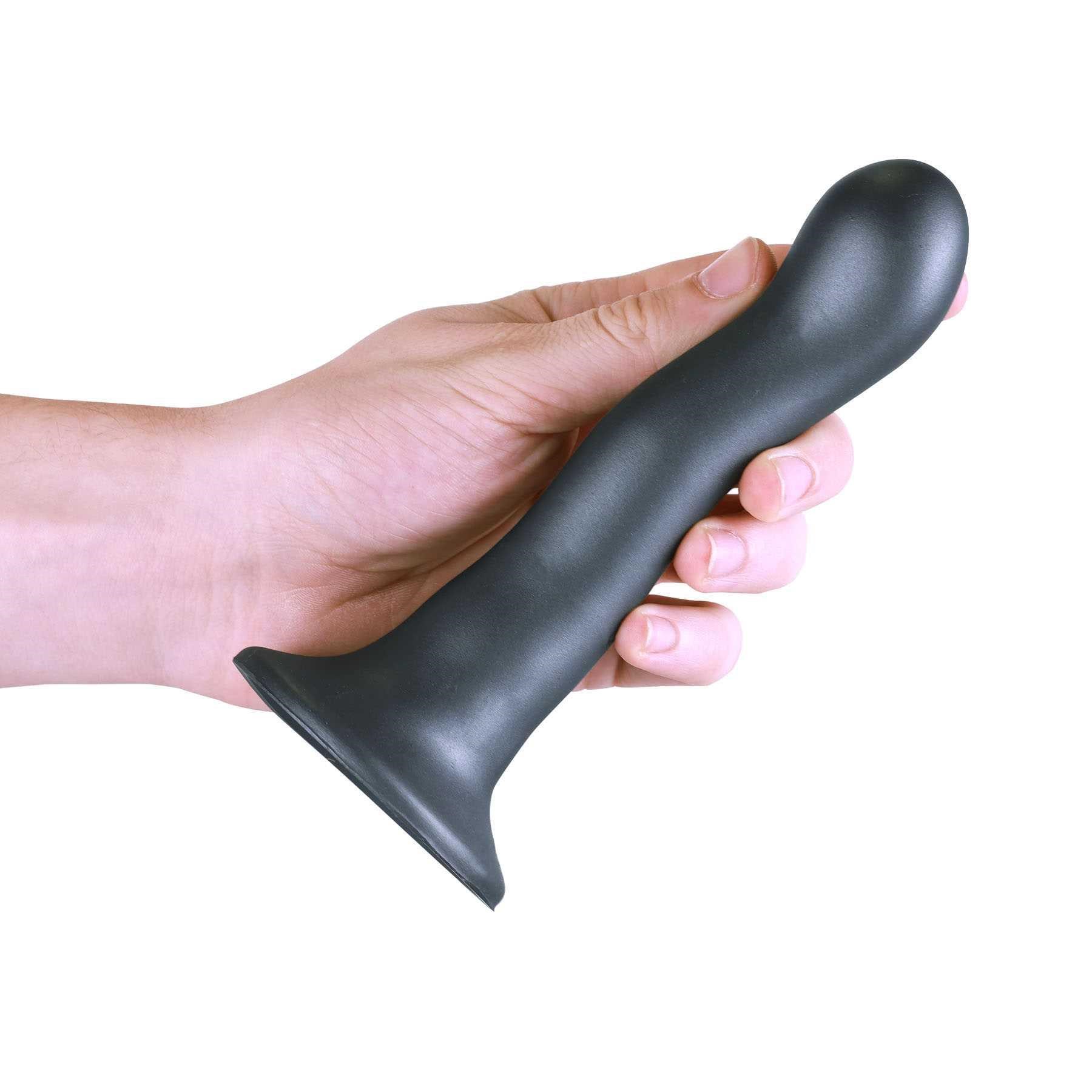 OUCH! METALLIC SILICONE 7 ULTRA SOFT CURVY G-SPOT DILDO hand holding side view