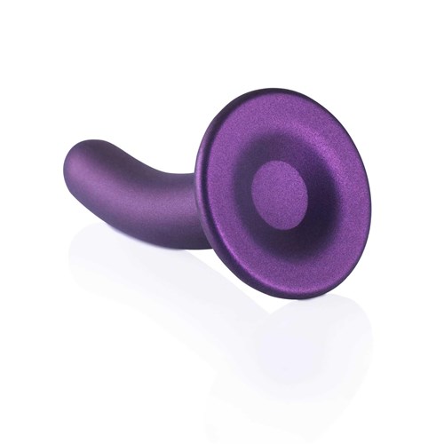 OUCH! METALLIC SILICONE 6 SMOOTH G-SPOT DILDO laying on table suction cup end forward