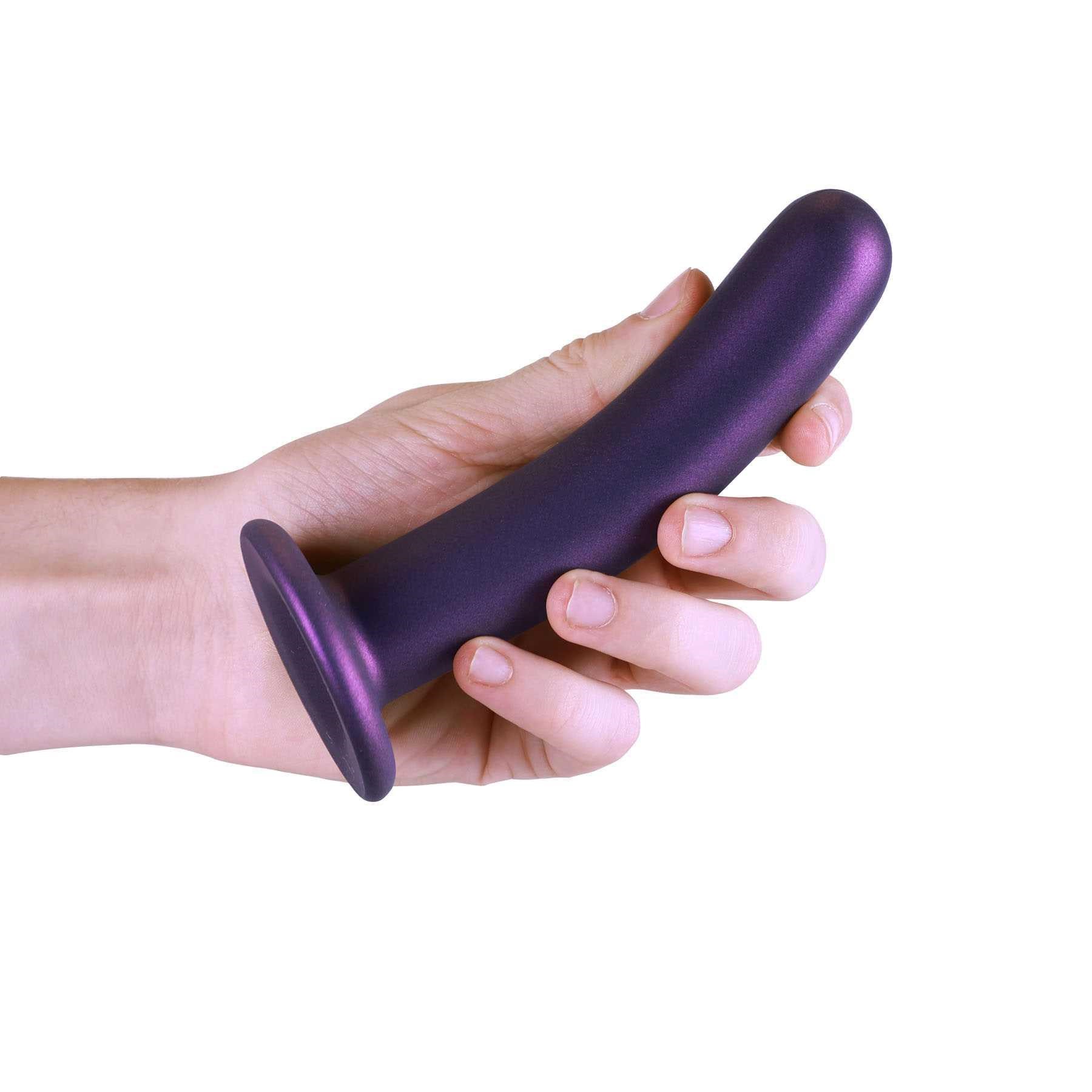 OUCH! METALLIC SILICONE 6 SMOOTH G-SPOT DILDO hand holding side view