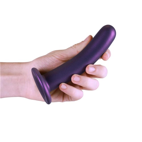 OUCH! METALLIC SILICONE 6 SMOOTH G-SPOT DILDO hand holding side view