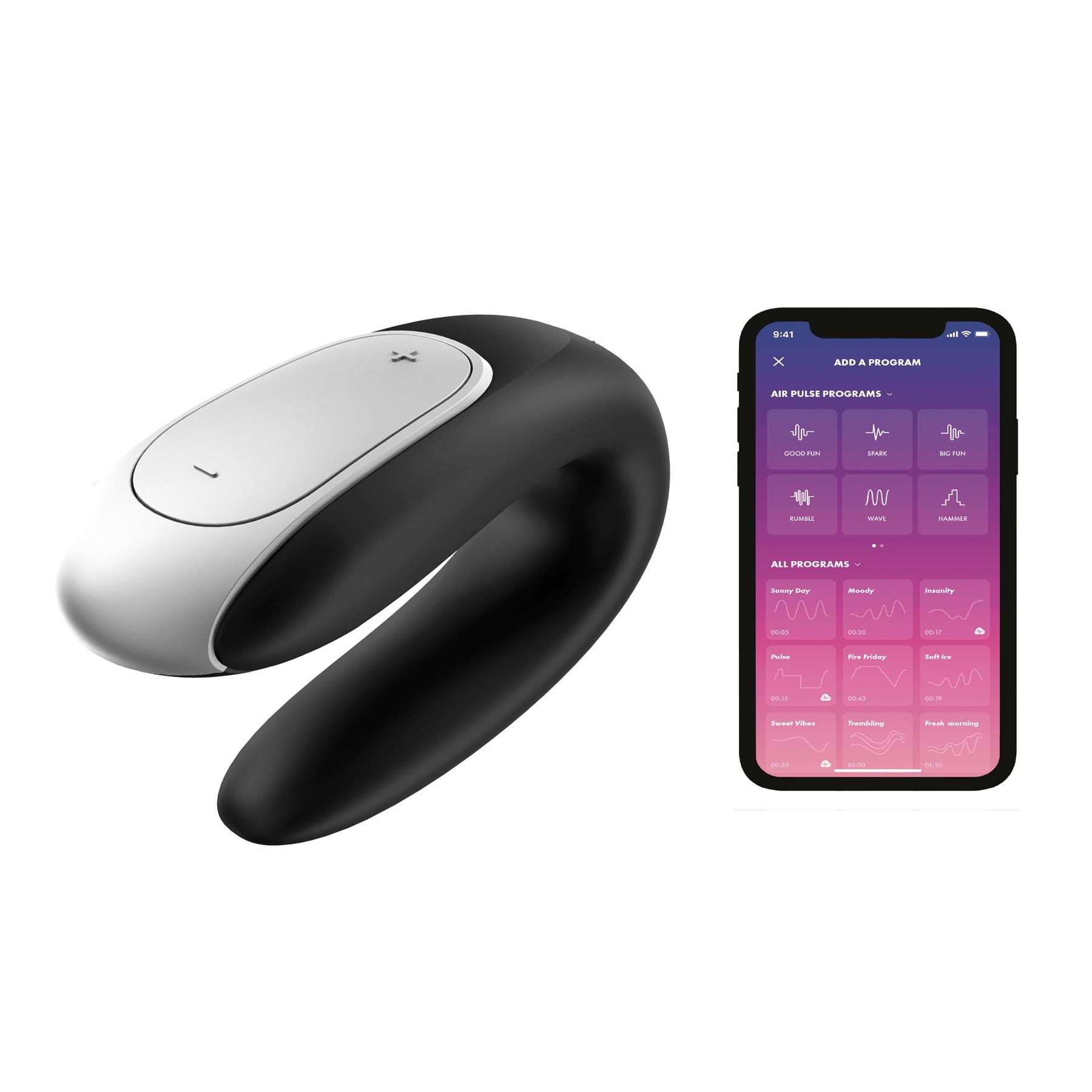 Satisfyer Double Fun Couples Massager with phone and app shot