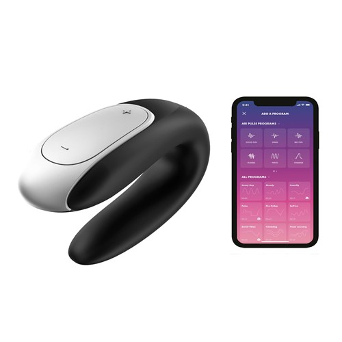 Satisfyer Double Fun Couples Massager with phone and app shot