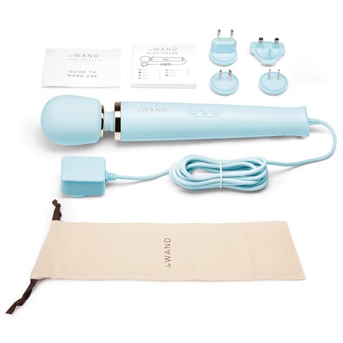 Le Wand Plug In Wand Massager with outlet adapters, charger and bag