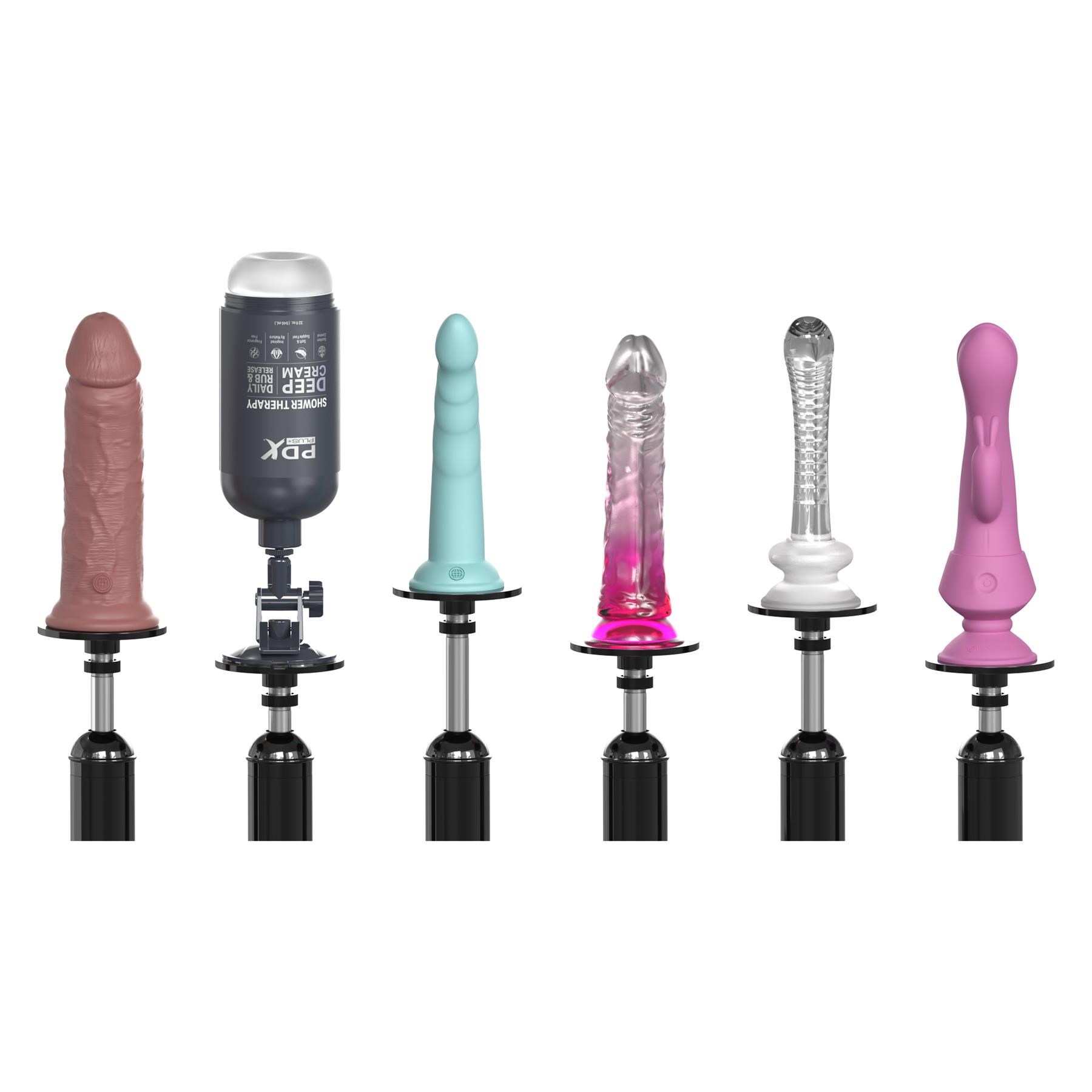 Fetish Fantasy Body Dock Thruster Sex Machine showing dildos that can be used on machine