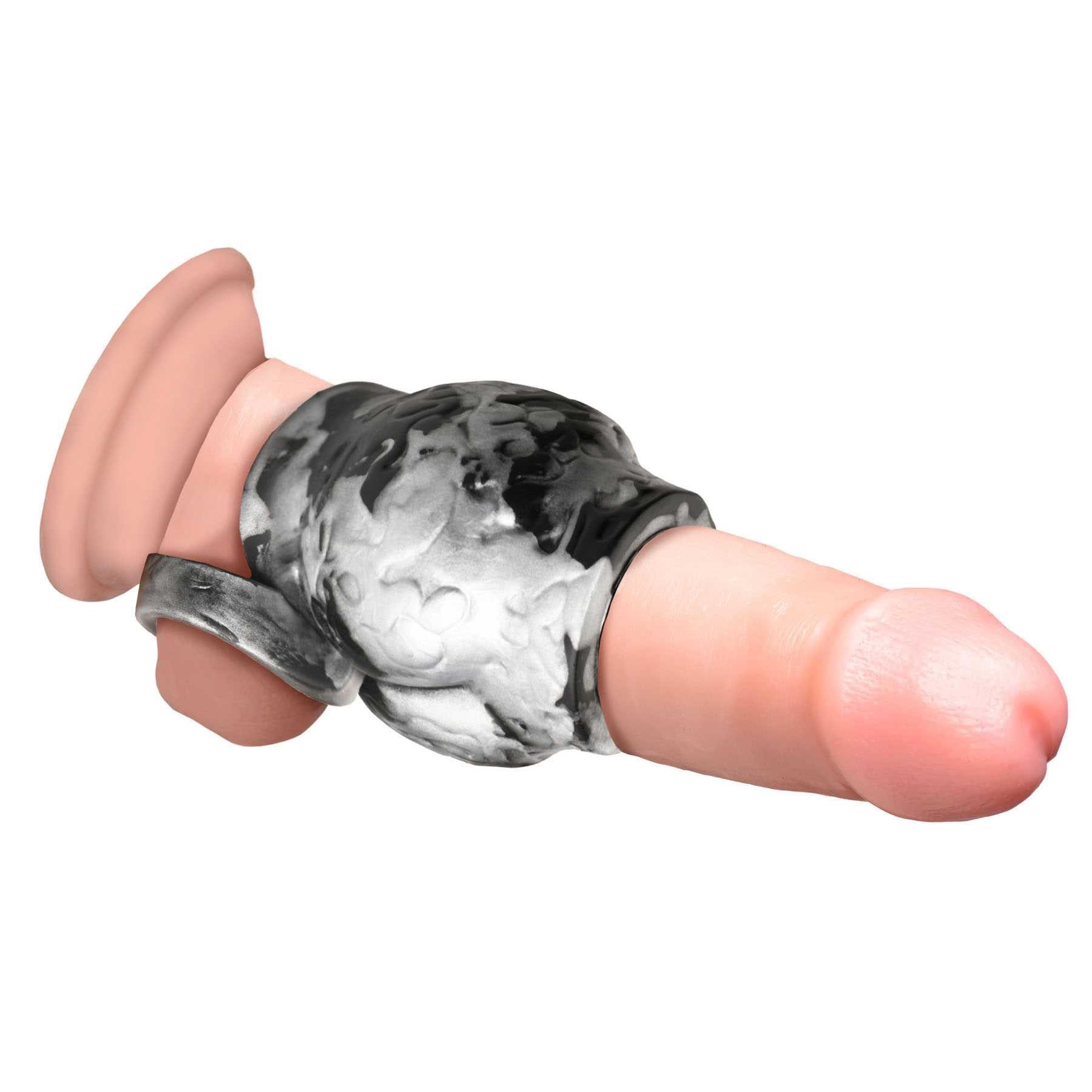 Creature Cocks Night Prowler Silicone Penis Sleeve + Ball Stretcher Medium shown on dildo side view