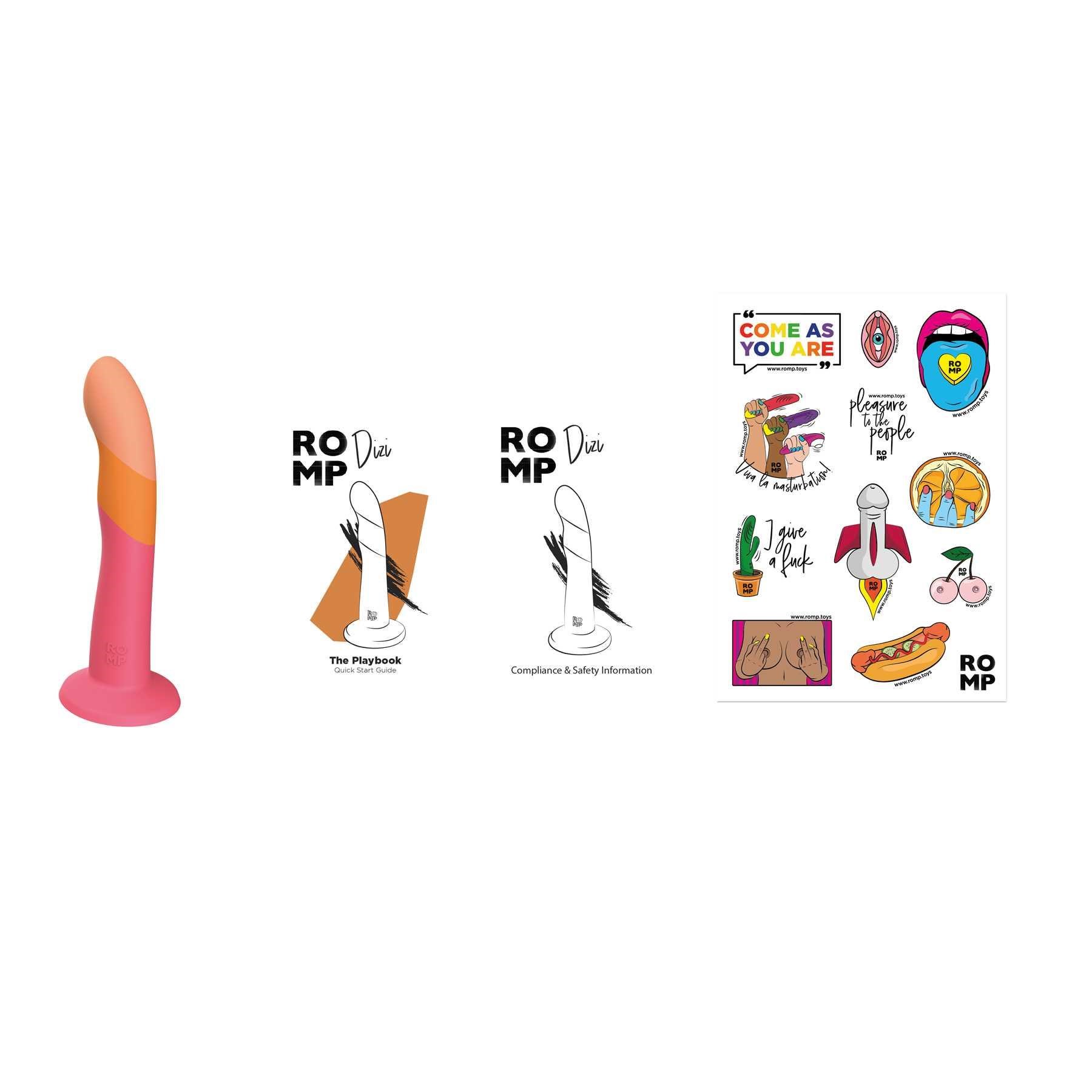 Romp Dizi Dildo with info call out sheets and stickers