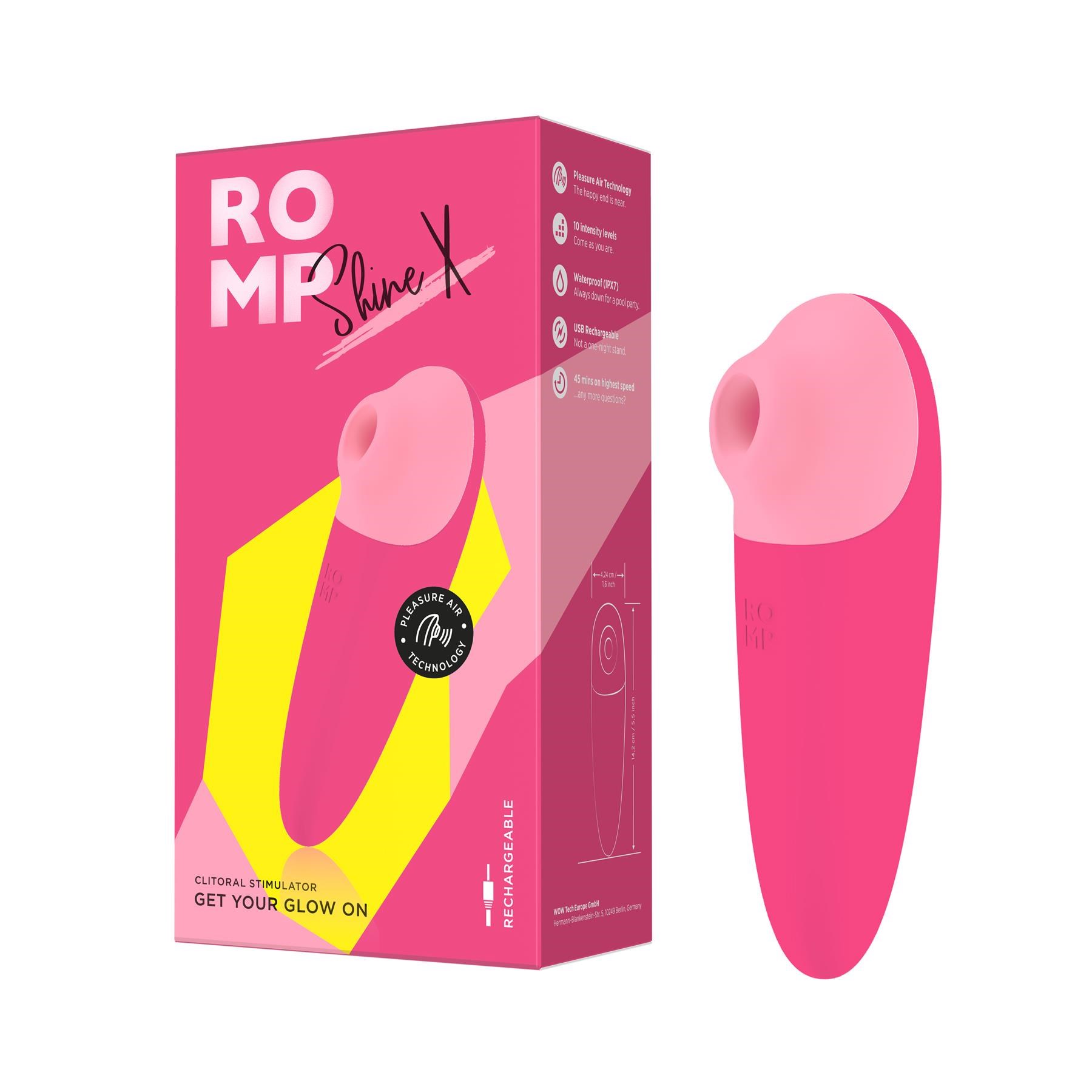 Romp Shine X Pleasure Air Clitoral Stimulator and package