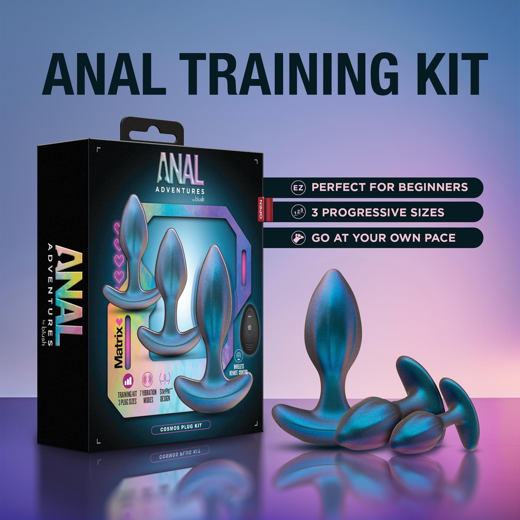 ANAL ADVENTURES MATRIX COSMOS PLUG KIT package and plugs with background