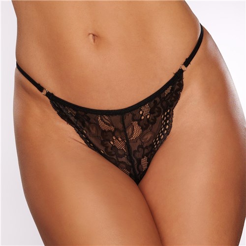 Scream Lace front & back thong  with pearl string black front