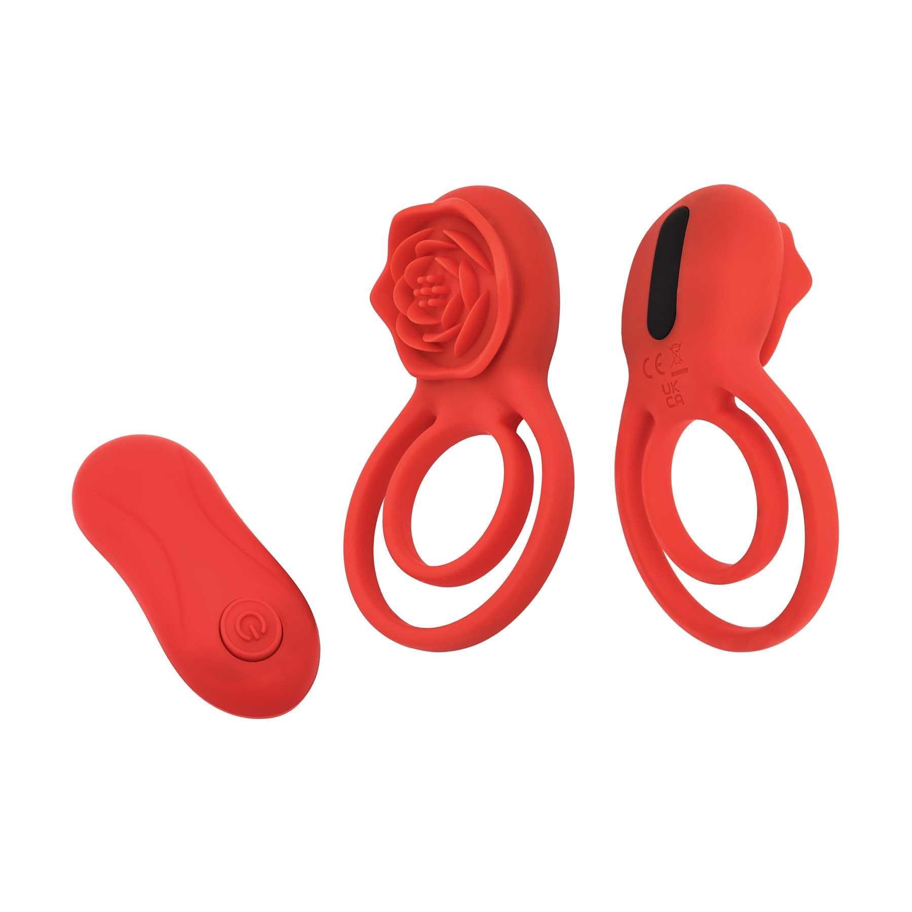 A&E DOUBLE RING VIBRATING ROSE COCKRING showing both sides of ring and remote control