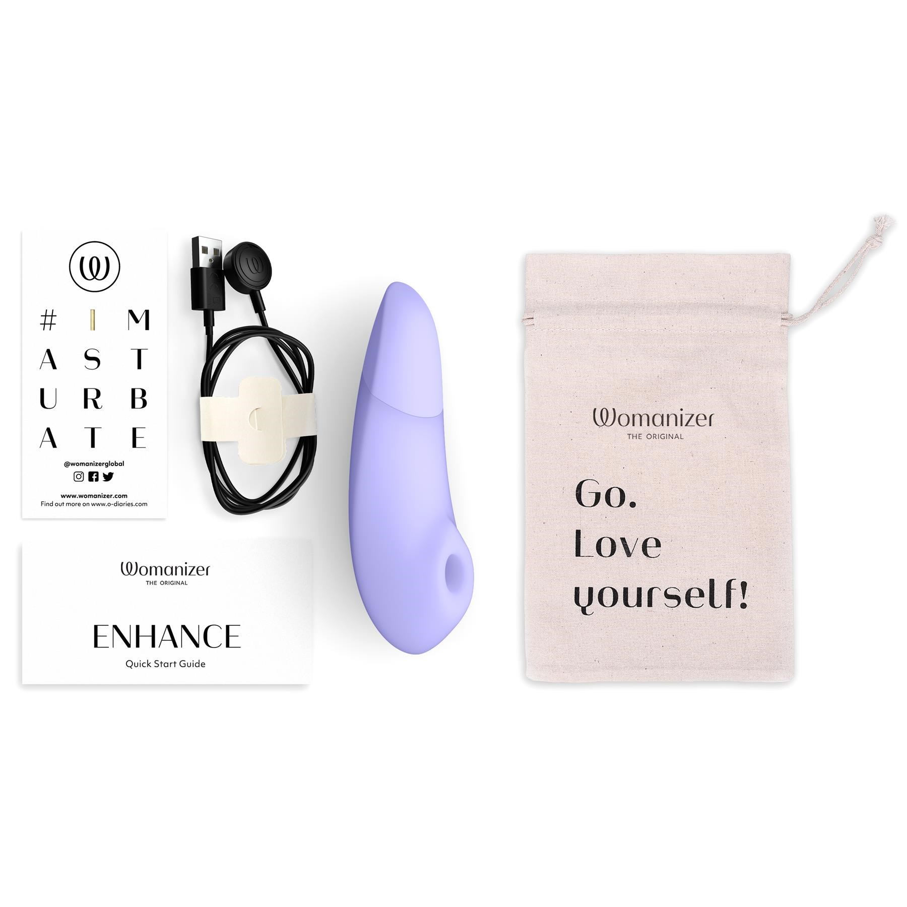 Womanizer Enhance Pleasure Air Clitoral Stimulator with charger, manual and bag